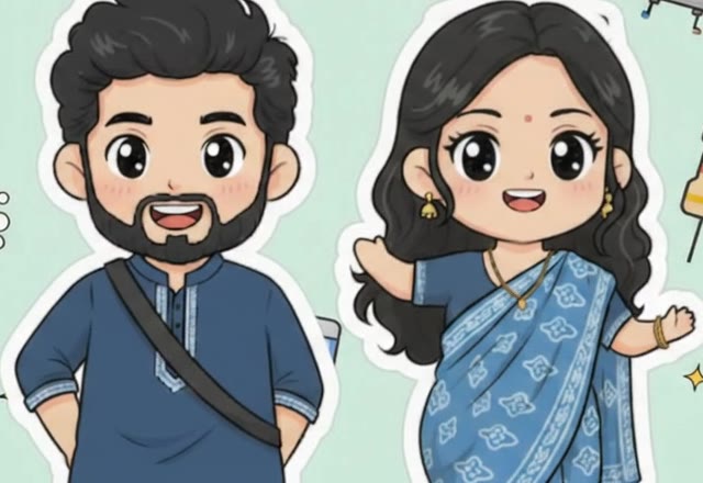 Illustrated stickers of Ragib and Fariha, waving